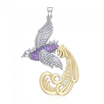 Multifaceted and Alighting Phoenix ~ Sterling Silver Jewelry Pendant with 14k Gold Accents MPD2917 - Jewelry
